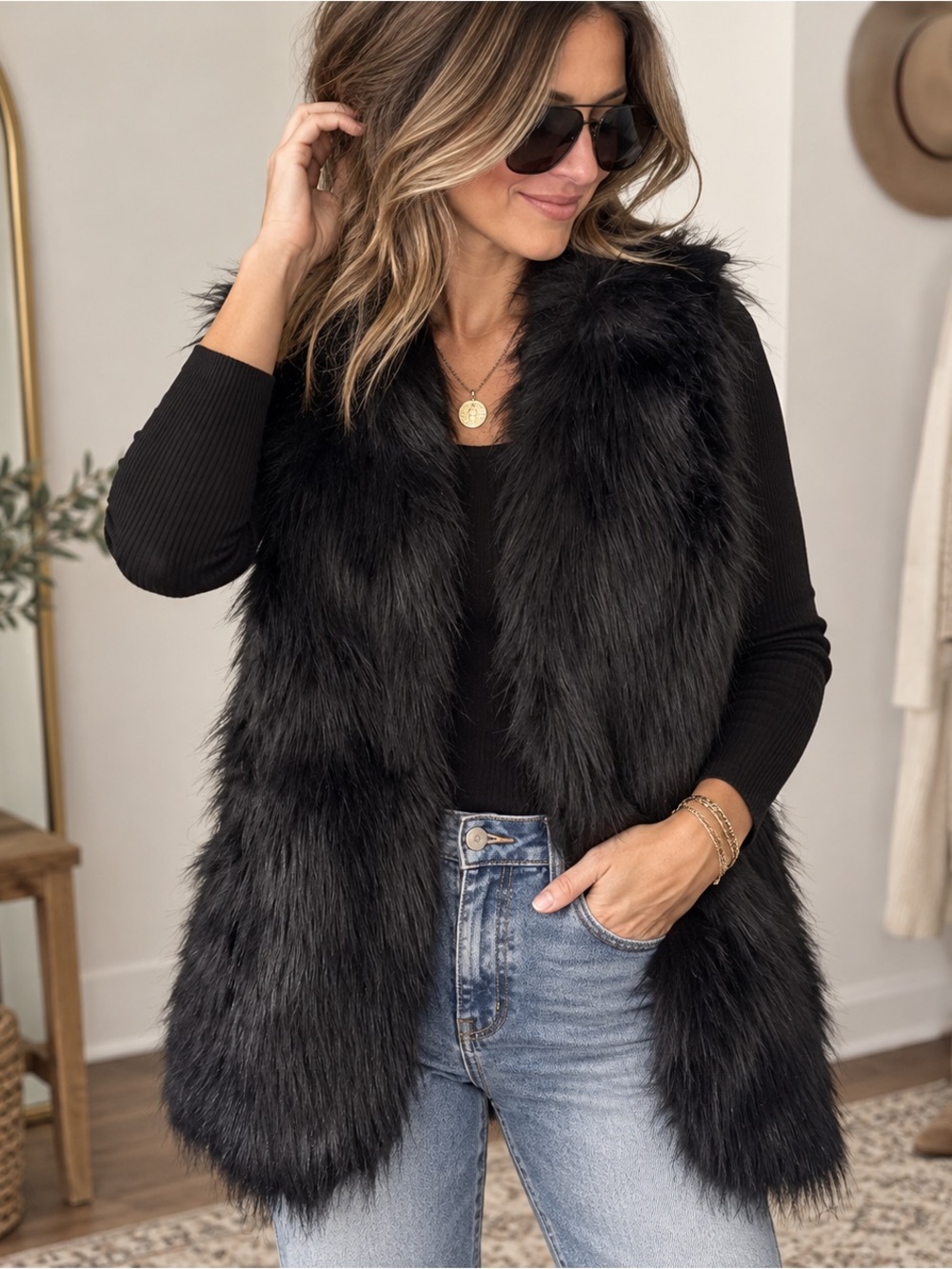Sebby Collection Black Faux Fur & Knit Back Long Vest
